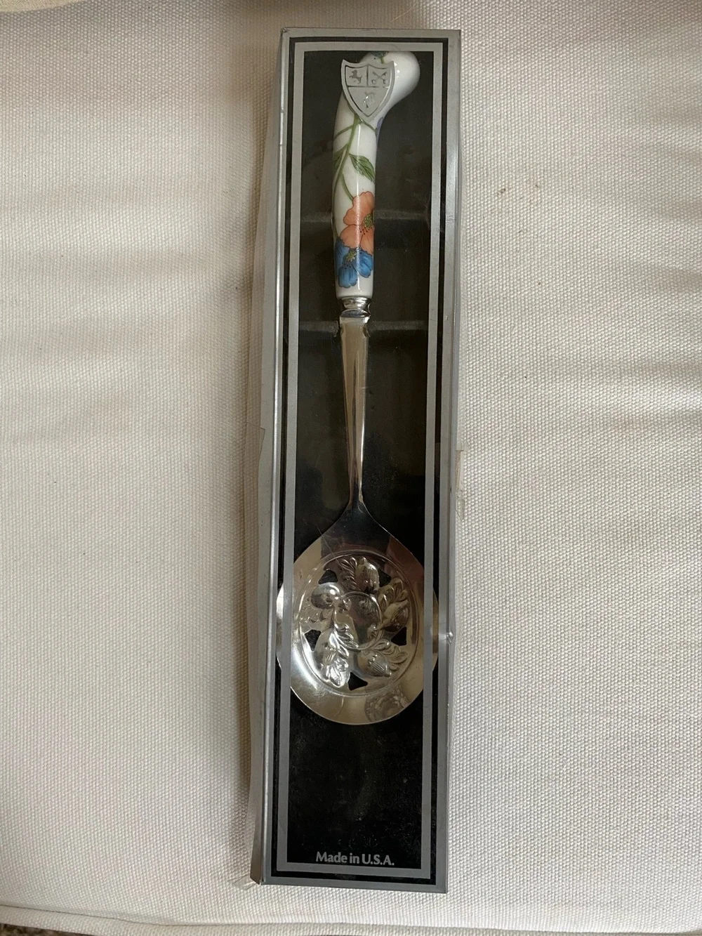 Vtg Sheffield England Dessert Serving Spoon Porcelain Poppy Floral Handle W Box